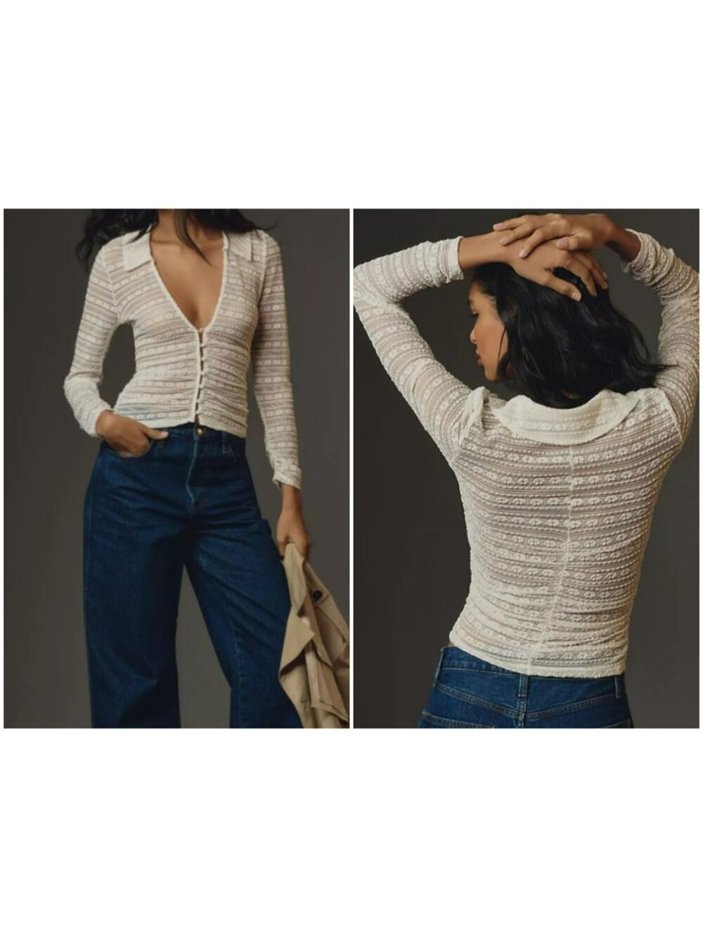 By Anthropologie Top Lace Long Sleeve Ruched Button-Down Blouse Size L Womens